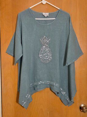 Belle France Pullover Linen Tunic Top Womens M Lettuce Green Sequins Pineapple